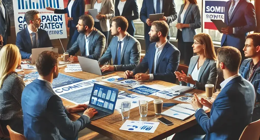 A professional scene of a political campaign strategy meeting with diverse team members gathered around a large table, discussing plans with campaign materials, laptops, and data charts.