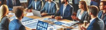 A professional scene of a political campaign strategy meeting with diverse team members gathered around a large table, discussing plans with campaign materials, laptops, and data charts.
