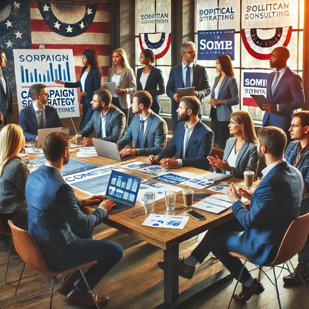 A professional scene of a political campaign strategy meeting with diverse team members gathered around a large table, discussing plans with campaign materials, laptops, and data charts.