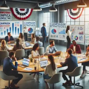 A professional political campaign office with a diverse team working on campaign strategies, analyzing data on large screens, and engaging in brainstorming sessions.