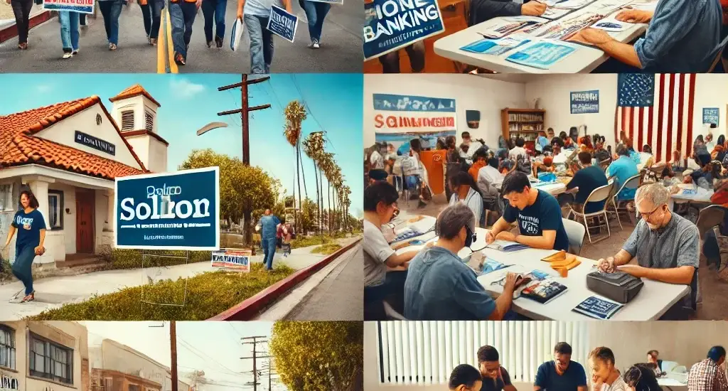 A dynamic scene of a political field campaign in action in Los Angeles and Orange Counties with volunteers canvassing, phone banking, and organizing a town hall meeting.