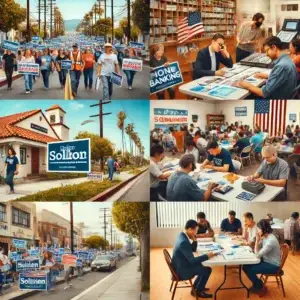 A dynamic scene of a political field campaign in action in Los Angeles and Orange Counties with volunteers canvassing, phone banking, and organizing a town hall meeting.