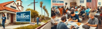 A dynamic scene of a political field campaign in action in Los Angeles and Orange Counties with volunteers canvassing, phone banking, and organizing a town hall meeting.