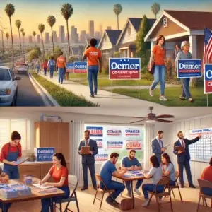 A realistic scene of a political field campaign in Los Angeles and Orange Counties with volunteers canvassing neighborhoods, phone banking, and organizing a town hall event.