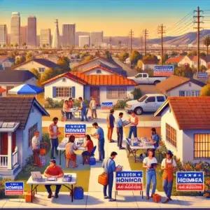 A realistic scene of a political field campaign in Los Angeles and Orange Counties with volunteers canvassing neighborhoods, phone banking, and organizing a town hall event.