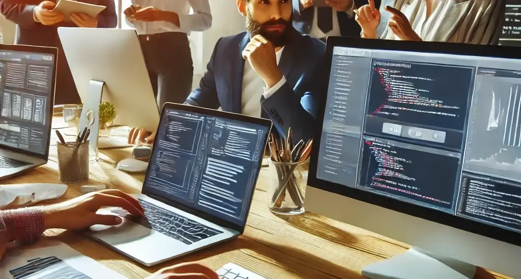 A professional political campaign team working on website design and development, with designers and developers collaborating on computers with website mockups and coding screens.