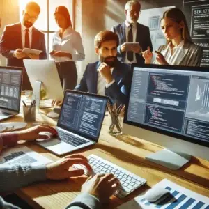 A professional political campaign team working on website design and development, with designers and developers collaborating on computers with website mockups and coding screens.