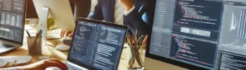 A professional political campaign team working on website design and development, with designers and developers collaborating on computers with website mockups and coding screens.