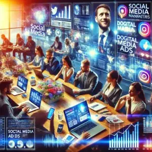 A vibrant scene of a political campaign team working on digital marketing strategies, including social media managers, content creators, and analysts collaborating with laptops and smartphones.