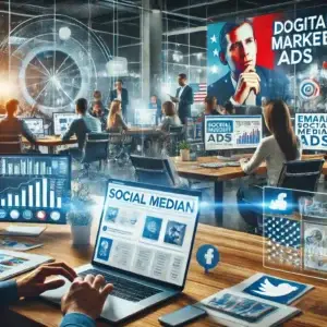 A dynamic political campaign office focused on digital marketing and social media advertising, with a diverse team creating ads, managing email campaigns, and analyzing performance metrics.