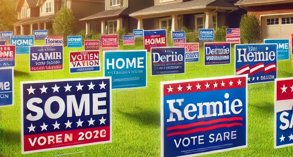 A vibrant scene showcasing high-quality lawn signs for a political campaign, placed in a well-maintained residential neighborhood with green lawns and houses in the background.