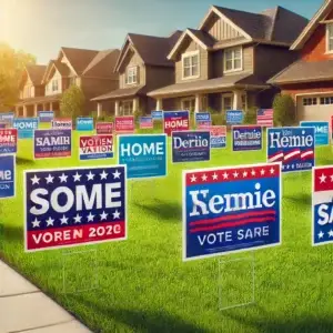 A vibrant scene showcasing high-quality lawn signs for a political campaign, placed in a well-maintained residential neighborhood with green lawns and houses in the background.