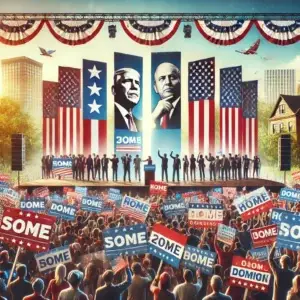 A dynamic scene featuring political campaign banners at a rally, with large, colorful banners held by supporters and displayed prominently on stage.