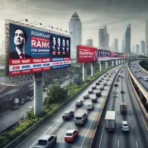 A high-impact scene featuring political campaign billboards along a busy highway, with bold graphics and campaign slogans, strategically placed for maximum visibility.