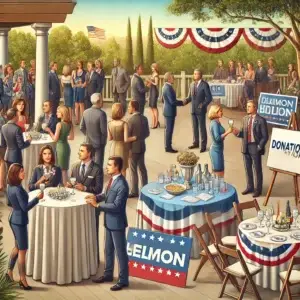 A successful political fundraising event in Southern California with a diverse group of attendees at a stylish outdoor cocktail party, featuring campaign posters, donation tables, and a candidate mingling with supporters.