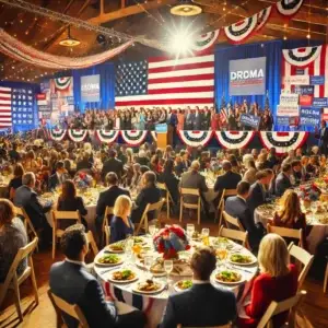 A vibrant political fundraising event in Southern California with a diverse group of supporters attending a gala or dinner event, decorated tables, campaign banners, and a stage with a candidate speaking.
