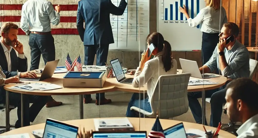 A political fundraising team working together in a modern office in Southern California, analyzing donation data on laptops, creating fundraising strategies on whiteboards, and making calls to potential donors.