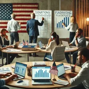 A political fundraising team working together in a modern office in Southern California, analyzing donation data on laptops, creating fundraising strategies on whiteboards, and making calls to potential donors.