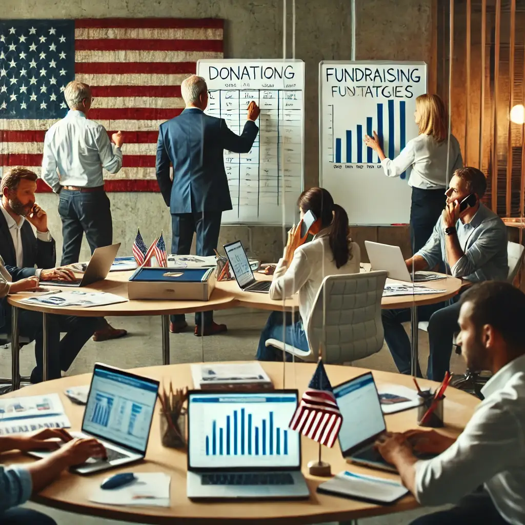 A political fundraising team working together in a modern office in Southern California, analyzing donation data on laptops, creating fundraising strategies on whiteboards, and making calls to potential donors.