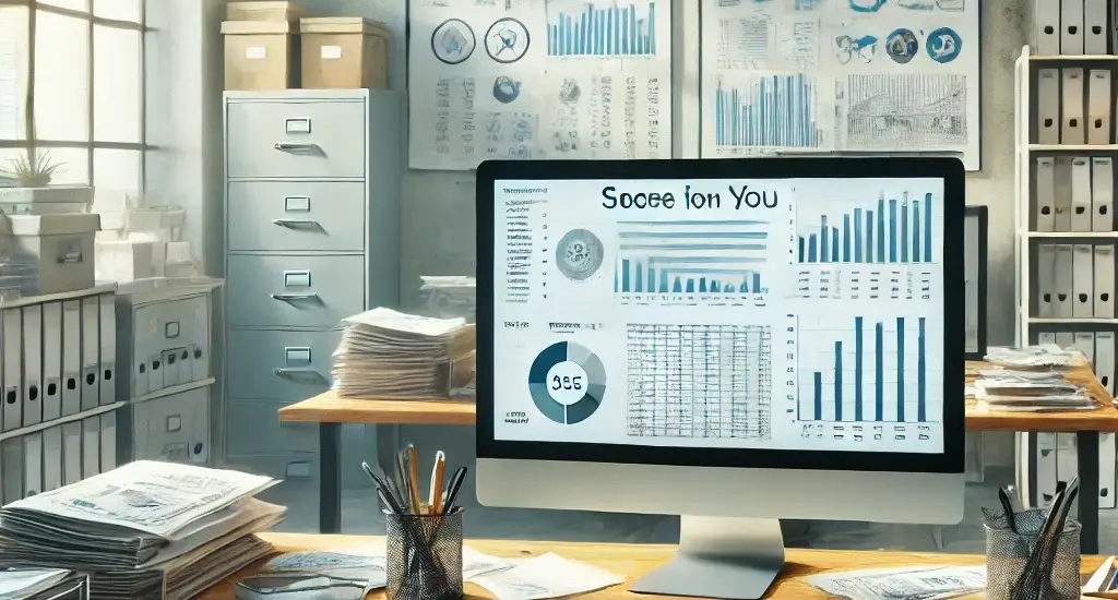 A realistic accounting office with a desk cluttered with financial documents, charts, and reports. The office has a slightly messy but organized atmosphere, with a computer, filing cabinets, and office supplies visible. The setting is professional and focused, reflecting the detailed work involved in managing finances.