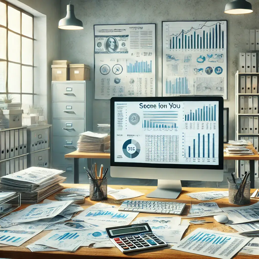 A realistic accounting office with a desk cluttered with financial documents, charts, and reports. The office has a slightly messy but organized atmosphere, with a computer, filing cabinets, and office supplies visible. The setting is professional and focused, reflecting the detailed work involved in managing finances.