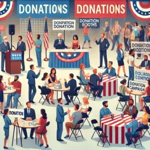 A vibrant scene of a political fundraising event with diverse attendees engaged in networking, making donations, and participating in auctions. The setting includes campaign banners, donation booths, and a stage with a speaker addressing the crowd.