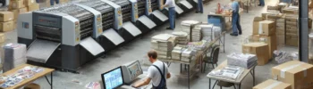 A realistic scene of a commercial print and mail facility with a casual, messy environment. Workers are dressed casually, operating large printing machines, reviewing print quality, and organizing scattered stacks of printed postcards, brochures, and flyers for distribution.