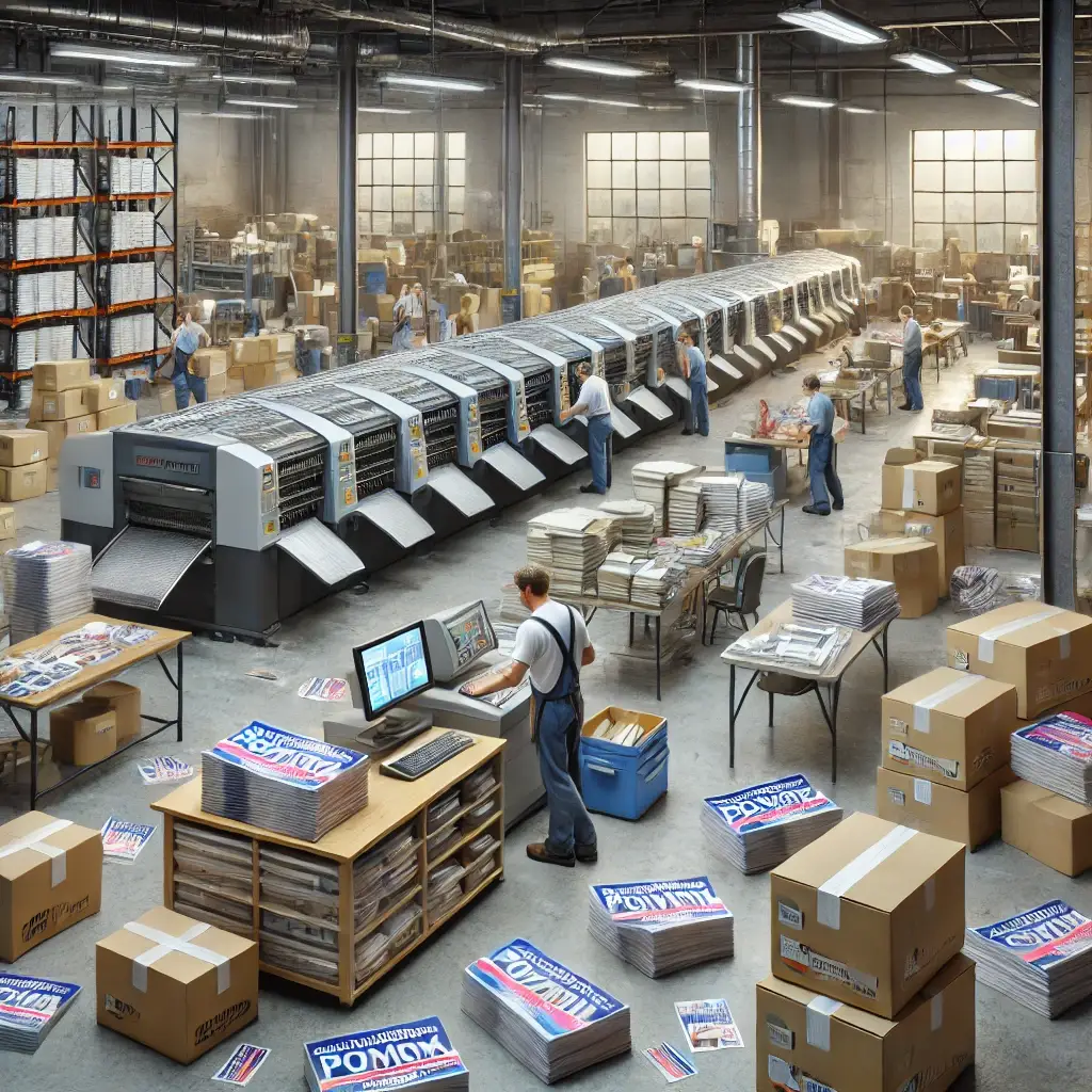 A realistic scene of a commercial print and mail facility with a casual, messy environment. Workers are dressed casually, operating large printing machines, reviewing print quality, and organizing scattered stacks of printed postcards, brochures, and flyers for distribution.