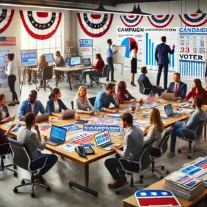 A bustling political campaign office with a diverse team working on strategic planning, voter outreach, and data analysis.