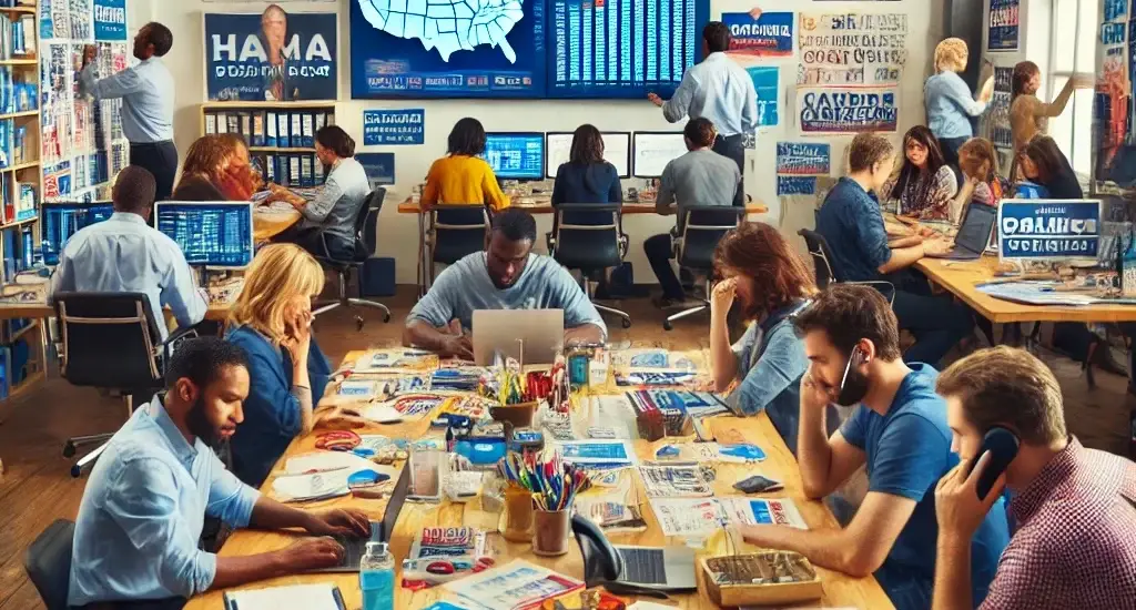 A professional and dynamic scene of a political campaign headquarters with a diverse team working on strategic planning, voter outreach, and data analysis.