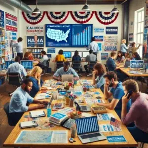 A professional and dynamic scene of a political campaign headquarters with a diverse team working on strategic planning, voter outreach, and data analysis.