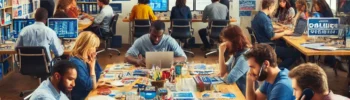A professional and dynamic scene of a political campaign headquarters with a diverse team working on strategic planning, voter outreach, and data analysis.