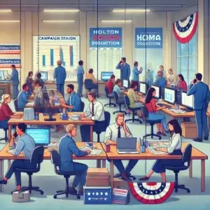 A busy political campaign headquarters with a diverse team of people engaged in various campaign activities, including data analysis, phone calls, and strategizing around a table with campaign materials and maps.