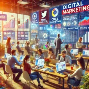A vibrant scene showing a political campaign's digital marketing team at work in a modern office, with diverse team members working on laptops and large screens displaying social media platforms, email marketing tools, online ads, and analytics data.