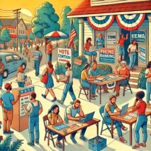 A vibrant scene of a grassroots political campaign in action with diverse volunteers engaged in door-to-door canvassing, phone banking, and organizing community events in a lively neighborhood.