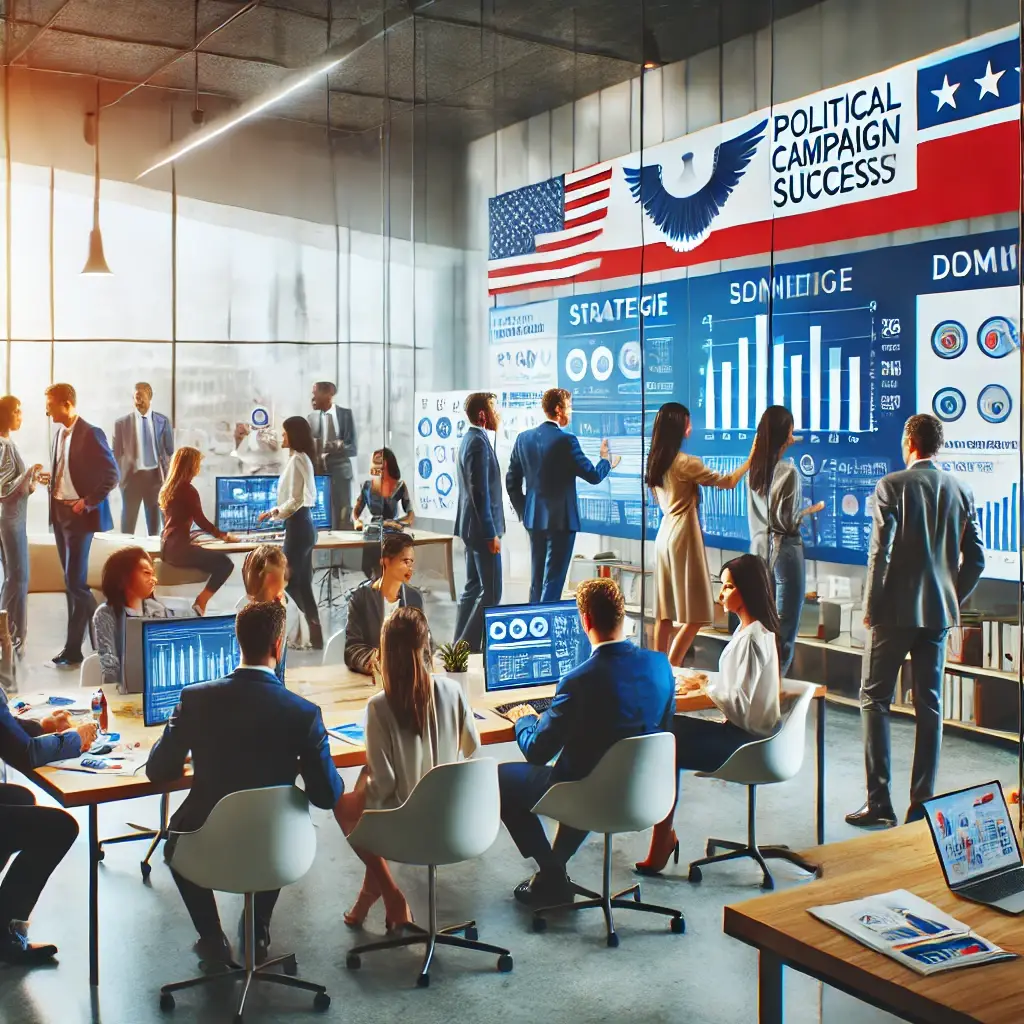 A team of diverse political consultants collaborating in a modern office, reviewing data on screens, and discussing strategies with campaign posters and motivational slogans on the walls.