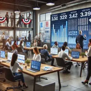 A modern political campaign office with a diverse team analyzing data on large screens and laptops, showing charts, graphs, and voter data prominently displayed.